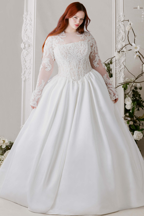 Morilee Jasper plus size ball gown front view with lace bodice and full satin skirt