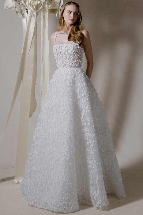 Morilee Bryony wedding gown front view with square neckline and 3D floral tulle skirt
