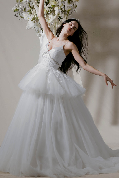 Morilee Joli wedding gown front view with V-neck bodice and layered tulle skirt