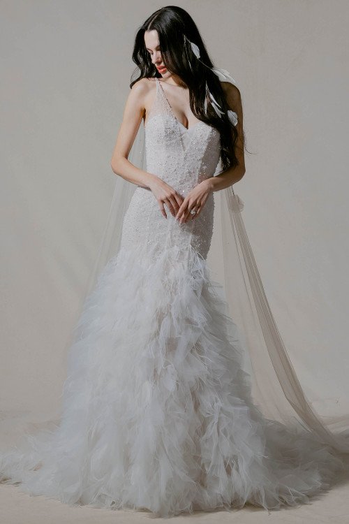 Morilee Seren wedding dress front view with plunging neckline and feathered skirt