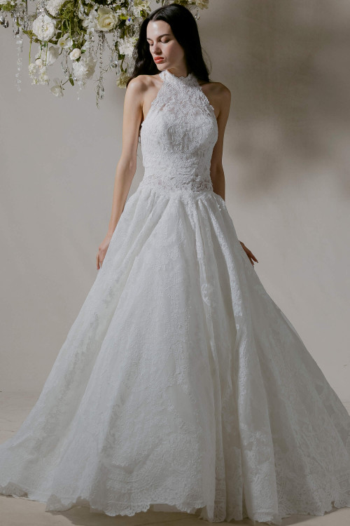 Morilee Cara wedding dress front view with lace bodice and ball gown skirt