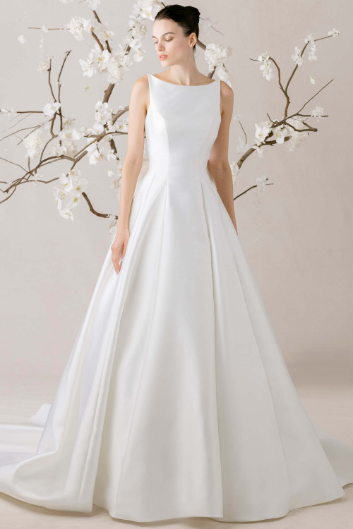 Morilee Sylvia wedding dress A-line Mikado gown with bateau neckline