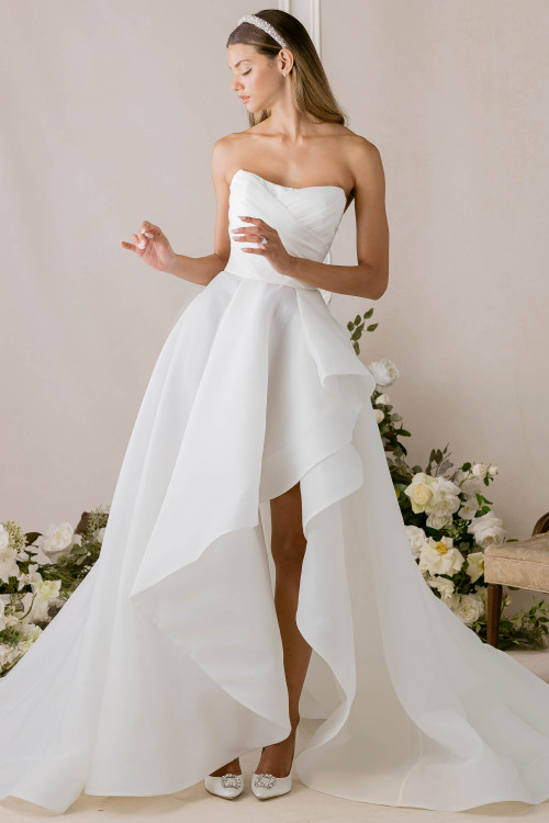 Morilee Cote A-line gown front view with flounced skirt and asymmetrical slit