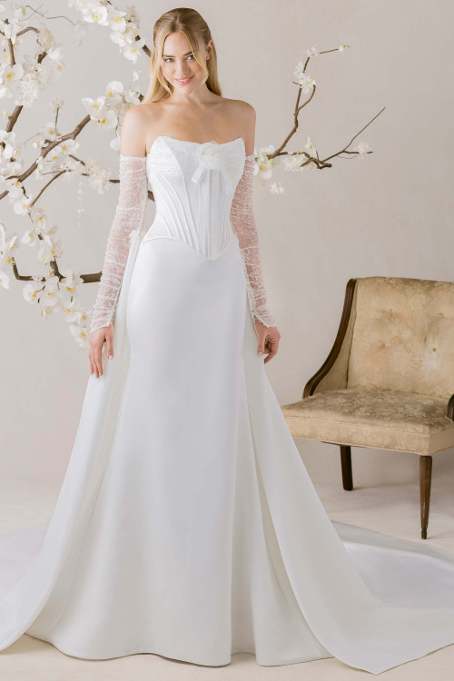 Morilee Fouette fit and flare gown front view with lace bodice and detachable sleeves