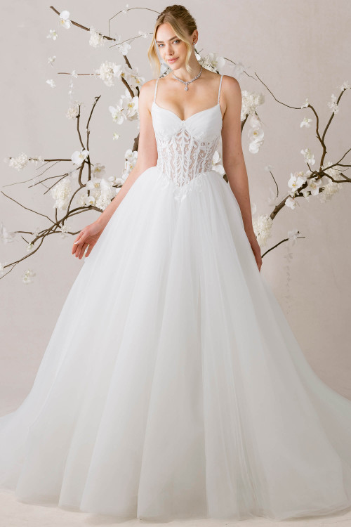 Morilee Sommer wedding gown front view with cat eye neckline and full tulle ball gown skirt