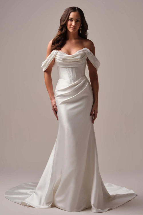 Maggie Sottero Melissa wedding gown front view fit and flare satin strapless bodice