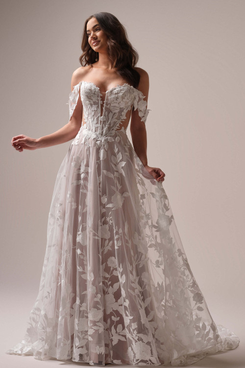 Maggie Sottero Natalie wedding gown front view A-line floral lace strapless bodice