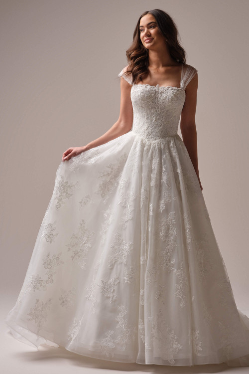 Maggie Sottero Prescott wedding gown front view A-line lace strapless bodice