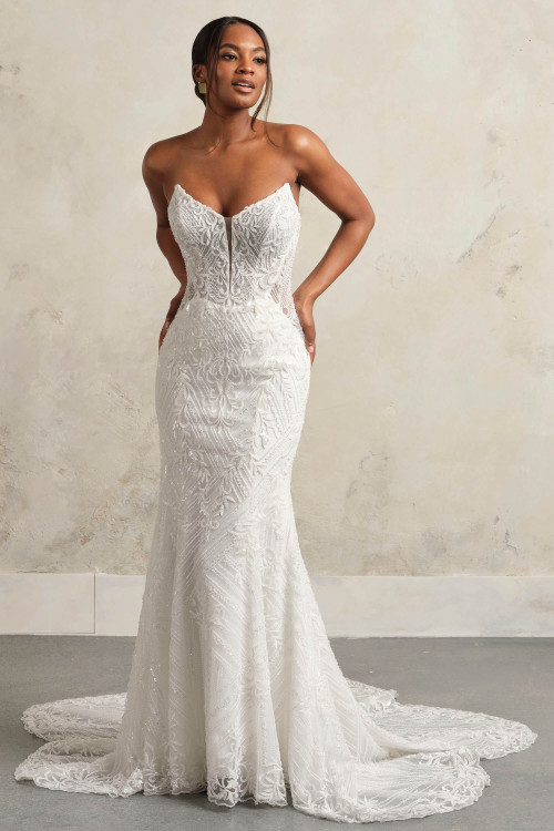 Maggie Sottero Sorrento wedding gown front view fit and flare beaded lace with cat eye neckline