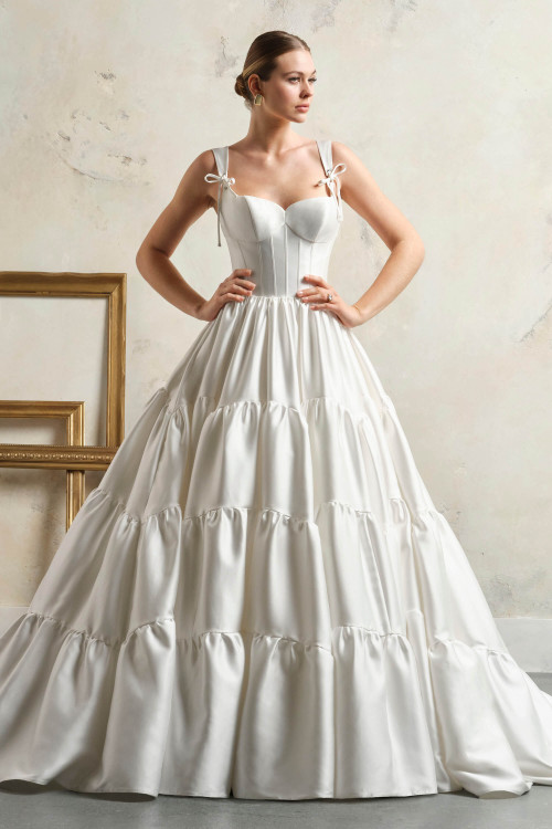 Maggie Sottero Talitha wedding gown front view ball gown satin with tiered ruffle skirt and corset bodice