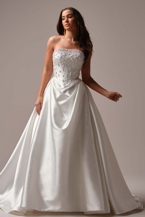Maggie Sottero Tenille wedding gown front view A-line satin with pearl bodice and basque waist\