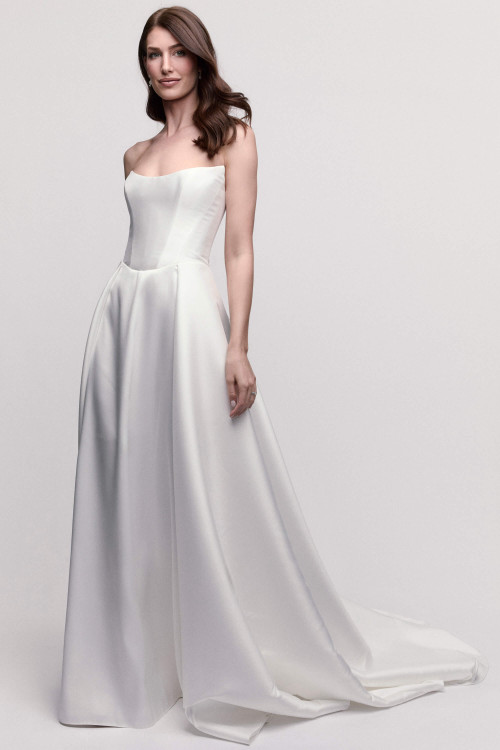 Watters Locket Nectarine A-line wedding gown with wide scoop neckline and Mikado fabric front view