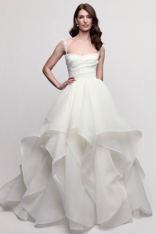 Watters Locket Lilith ball gown with layered organza skirt and sweetheart neckline front view