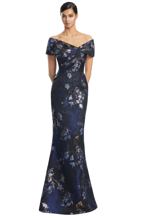 Front view of Alexander by Daymor 3203 navy gold multi brocade mother of the bride dress with portrait neckline