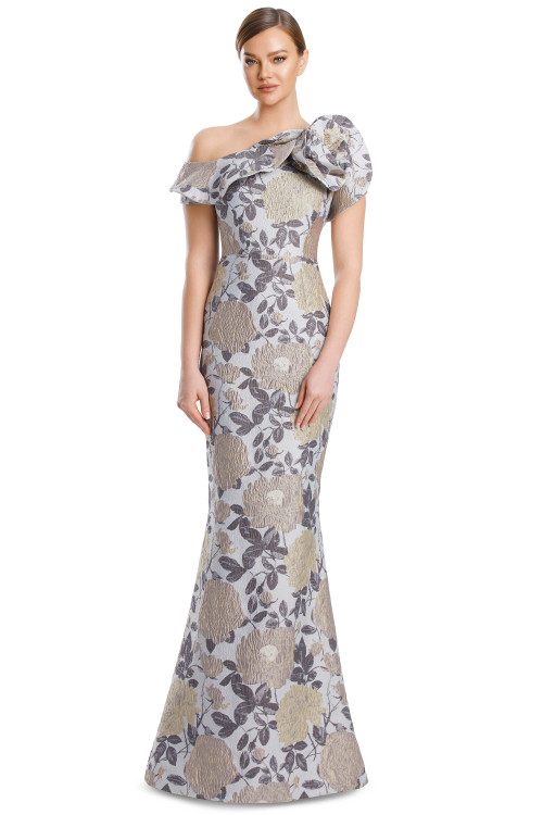 Front view of Alexander by Daymor 3205 taupe multi brocade mother of the bride dress with rosette shoulder