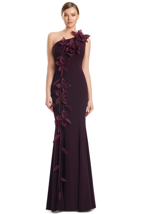 Front view of Alexander by Daymor 3208 aubergine crepe mother of the bride dress with floral appliques