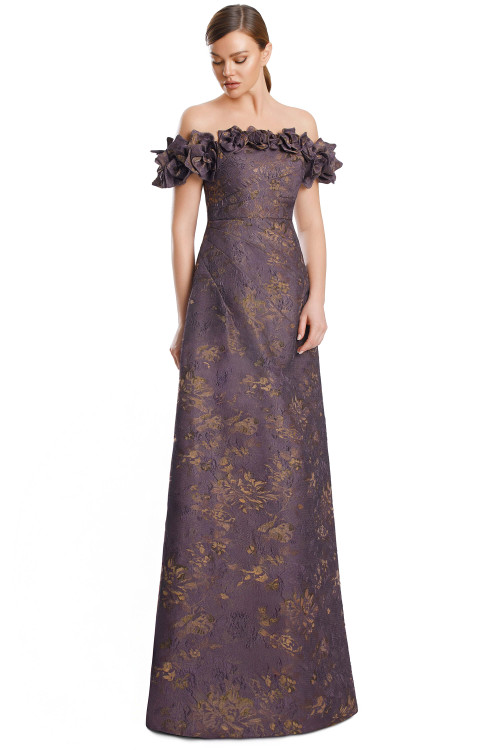 Front view of Alexander by Daymor 3216 dusty plum multi metallic floral jacquard mother of the bride dress