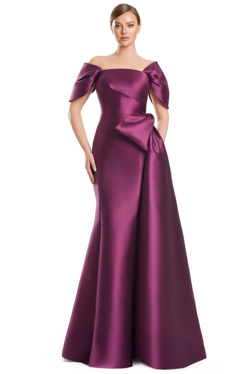 Front view of Alexander by Daymor 3222 plum Mikado mother of the bride dress with sculpted neckline