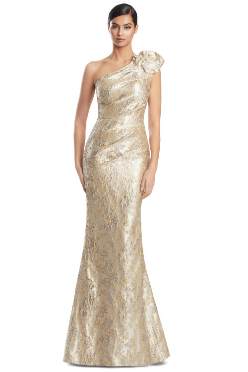 Front view of Alexander by Daymor 3236 ice and gold brocade mother of the bride dress with rosette shoulder