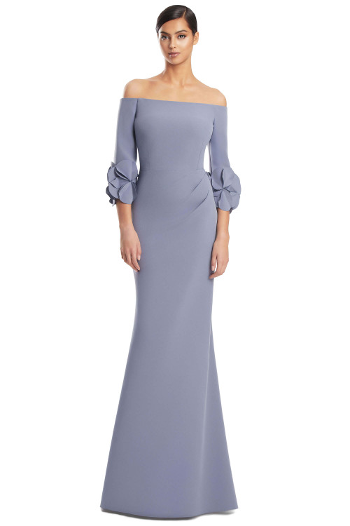 Front view of Alexander by Daymor 3251 delphi blue crepe mother of the bride dress with floral cuff sleeves