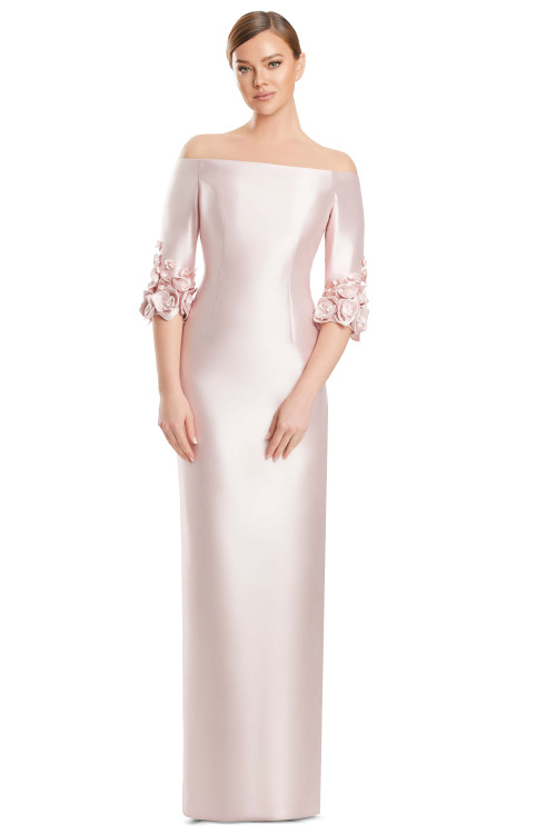 Front view of Alexander by Daymor 3256 soft pink satin twill mother of the bride dress with off-the-shoulder neckline