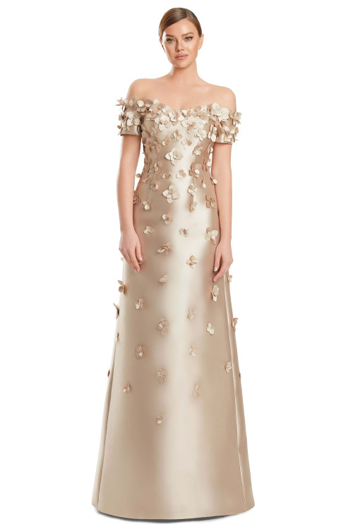 Front view of Alexander by Daymor 3259 wheat satin twill mother of the bride dress with 3D floral details