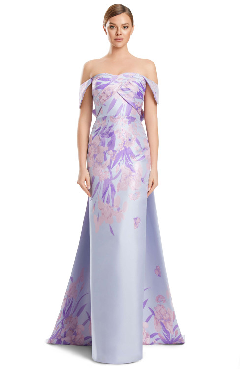 Front view of Alexander by Daymor 3262 silver lilac floral brocade mother of the bride gown with detachable shoulder straps