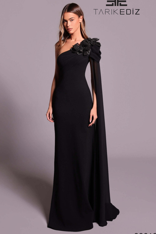 Front view of black Tarik Ediz Vilson cape mother gown