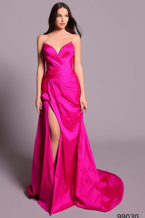 Front view of fuchsia Tarik Ediz Dariela taffeta mother gown
