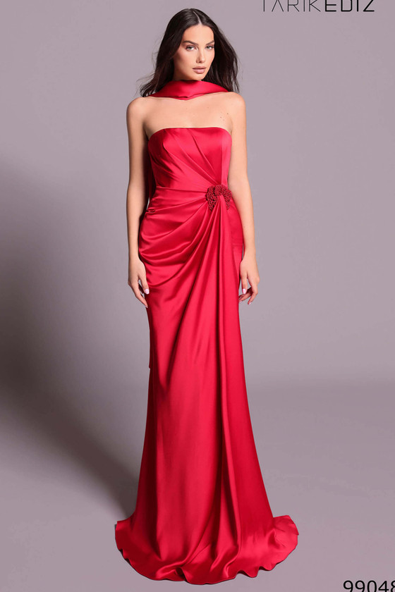 Front view of red Tarik Ediz Roselle satin mother gown