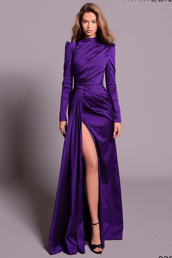 Front view of purple Tarik Ediz Jannic taffeta mother gown