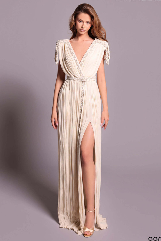 Front view of vanilla Tarik Ediz Cortana chiffon mother gown