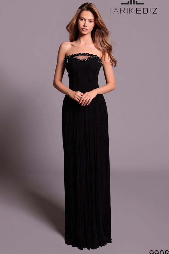 Front view of black Tarik Ediz Sensua chiffon mother gown
