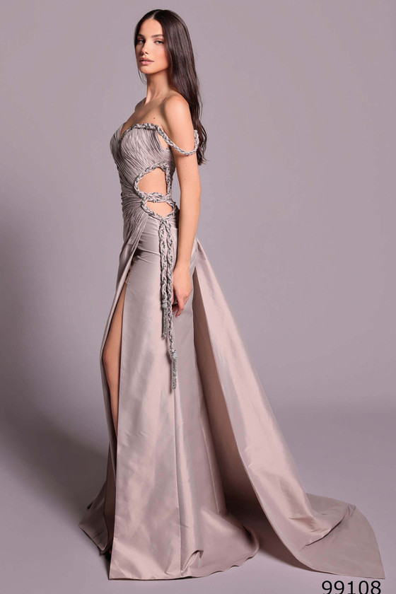 Front view of mink Tarik Ediz Jesetta evening gown with side cutout