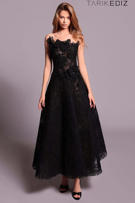 Front view of black Tarik Ediz Seleny lace mother gown