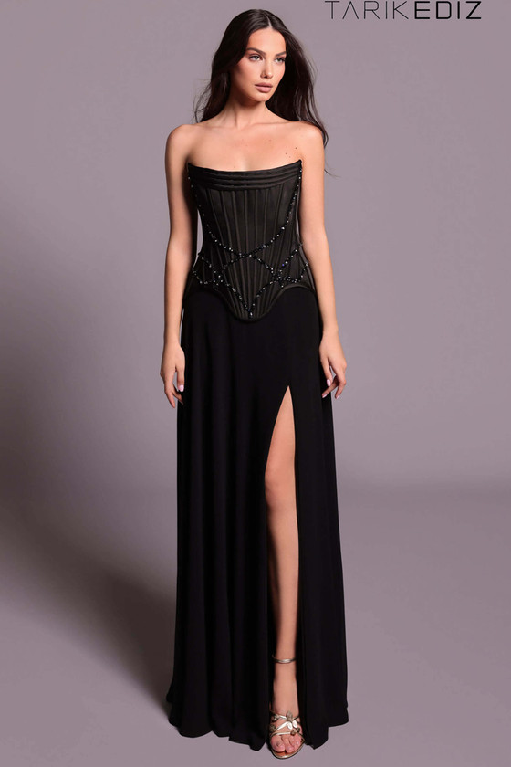 Front view of black Tarik Ediz Lyssa Set evening gown with beaded corset bodice