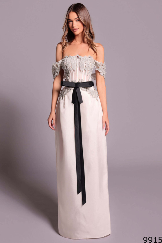 Front view of vanilla Tarik Ediz Ideas mother of the bride gown