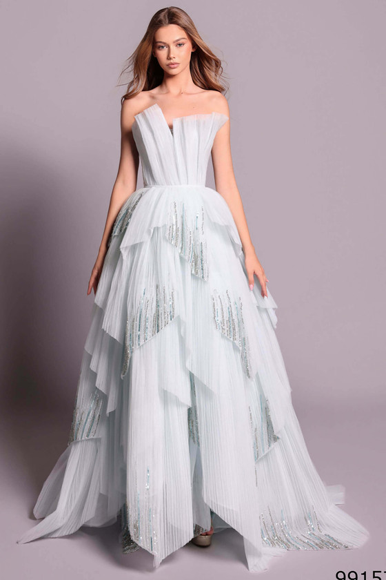 Front view of ice mint Tarik Ediz Skye strapless gown with beaded detail