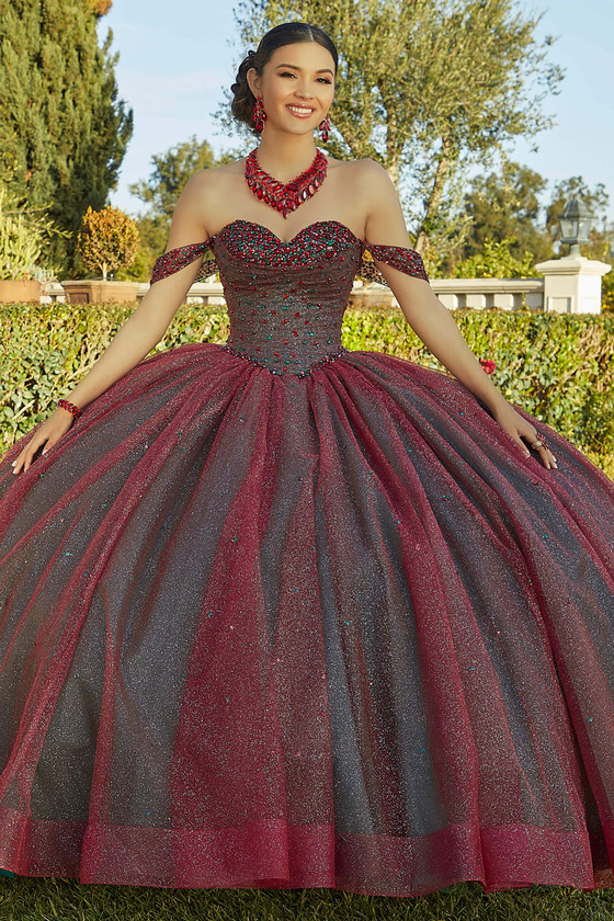 Morilee Sangria and Emerald quinceanera ball gown front view