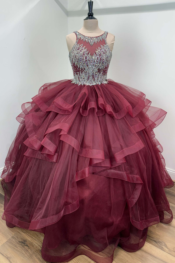 House of Wu mahogany tiered tulle quinceanera ball gown front view