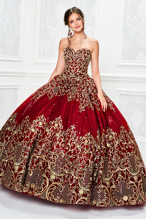 Princesa by Ariana Vara wine gold quinceanera gown, front view