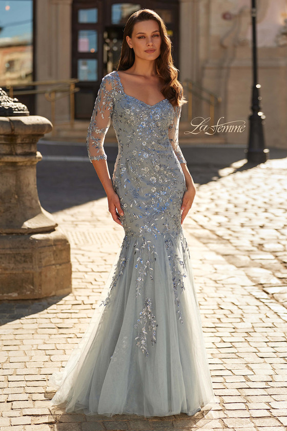 Front view of dusty blue La Femme 31799 mermaid mother dress