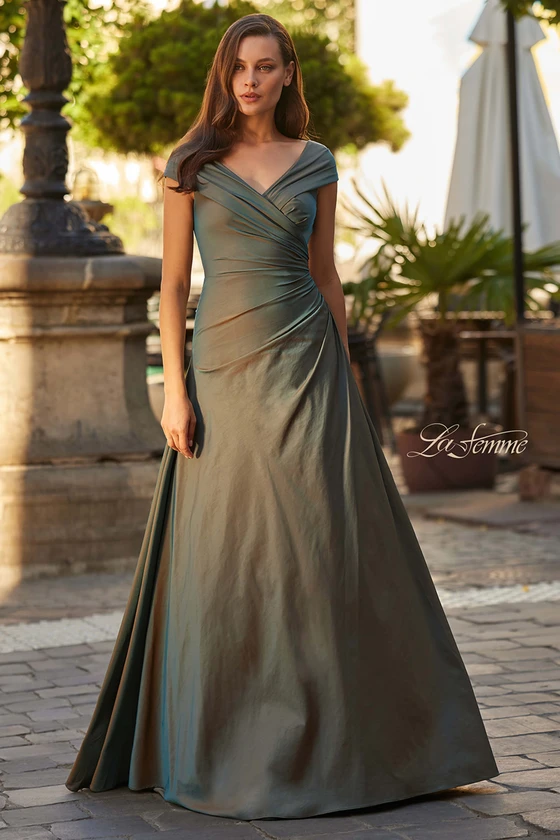Front view of moss green La Femme 33446 taffeta mother dress