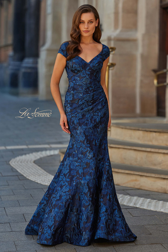 Front view of navy La Femme 33578 floral brocade mother dress