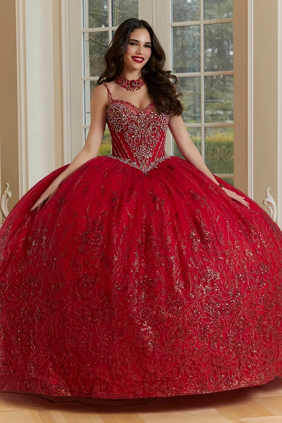 Morilee 89474 red glitter tulle quinceanera gown front view