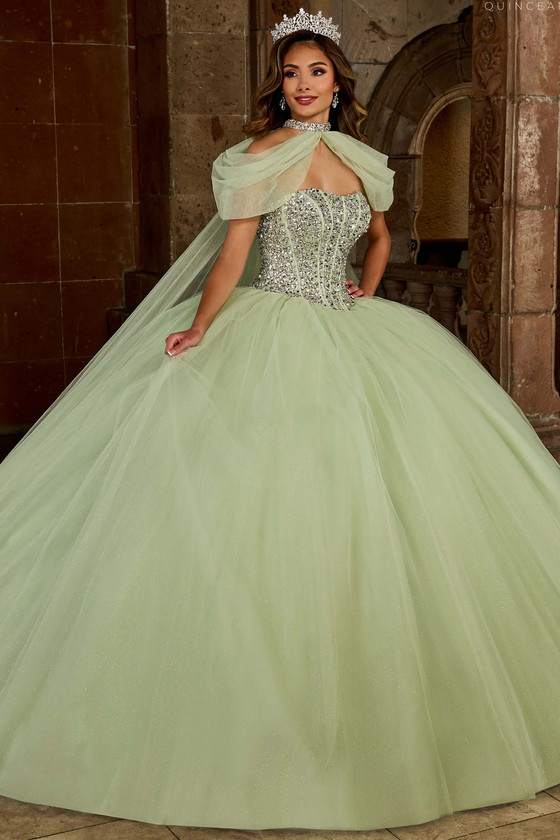 Rachel Allan RQ1130 sage glitter tulle quinceanera gown front view