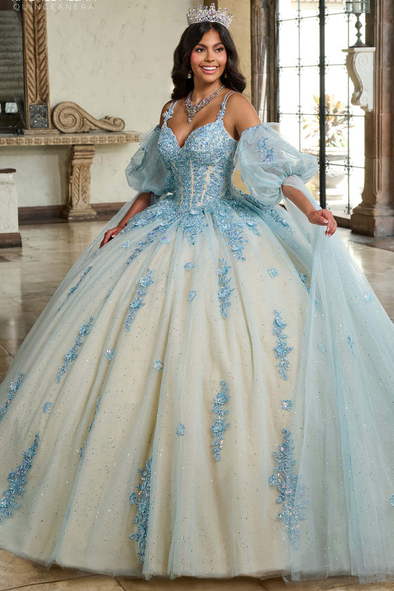 Rachel Allan RQ1133 Light Blue Champagne quinceanera dress front view