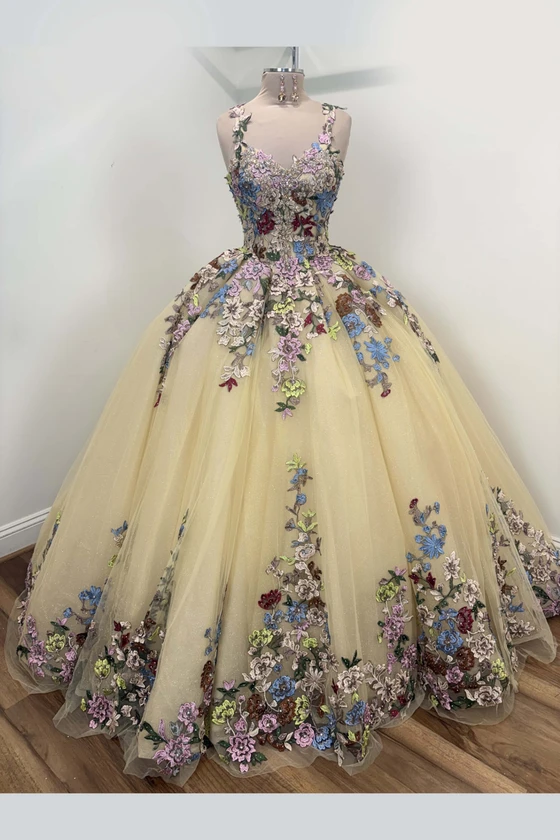 Ragazza EV-37-637 nude multi quinceanera dress with floral lace appliques front view