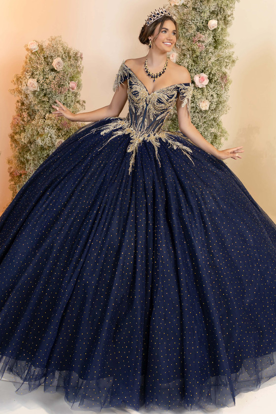 Fiesta Gowns 56555 navy gold embroidered ball gown, front view