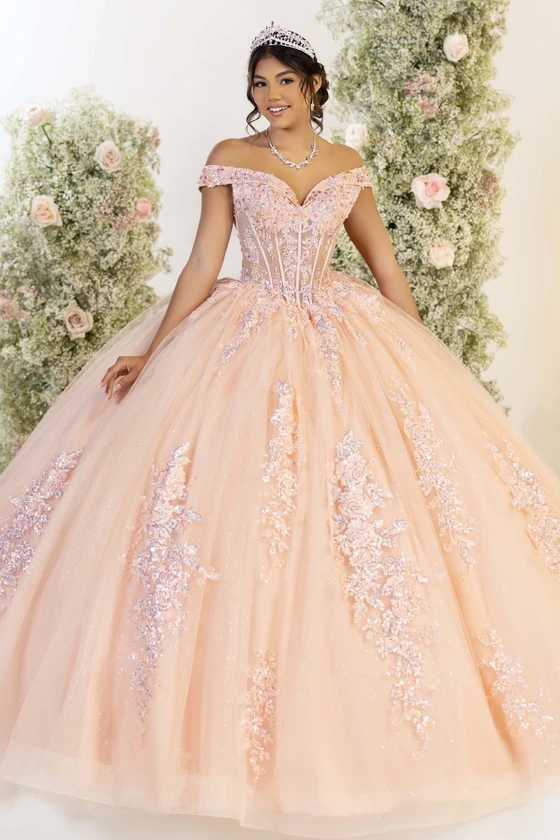 Fiesta Gowns 56556 blush portrait neckline ball gown, front view